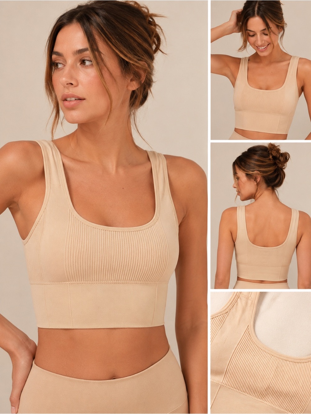 NEW Knit Wireless Sports Bralette Comfy Lightly Padded Nude Ribbed Loungewear S